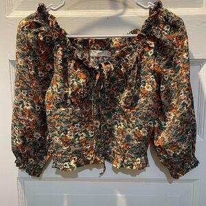 Floral Cropped Peasant Blouse, Festival Wear, Size Small
